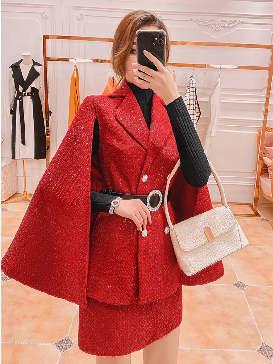 

Tweed red cape coat suit women fashion celebrity temperament light mature style, two of autumn and winter short skirts