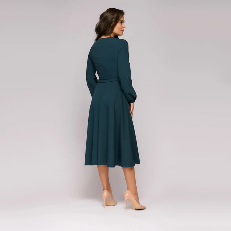 Женское винтажное облегающее платье с поясом повседневное однотонное