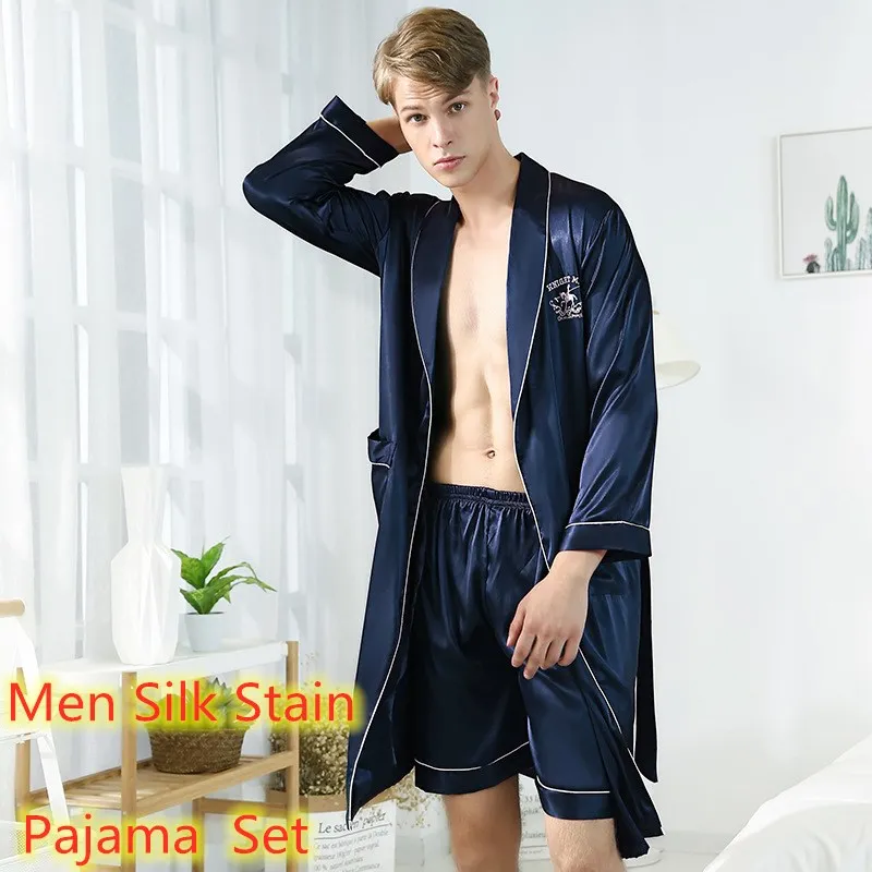 

Men Robes Pants Sets Silk Satin Pajamas Homewear pijama hombre Nightgown Top Shorts Sleepwear Loungewear Men Pajama Sexy Pajamas