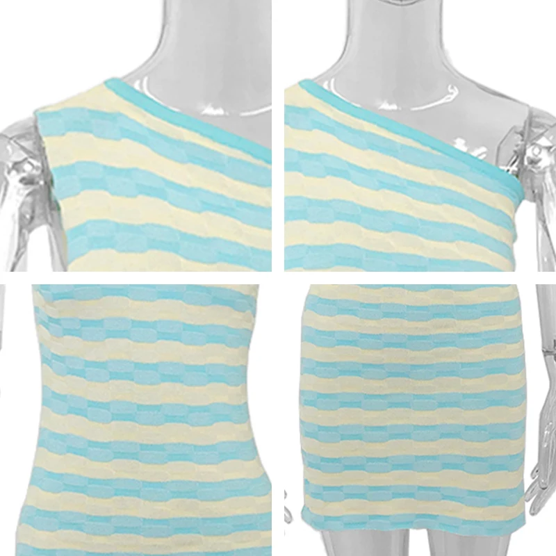 

Fashion Diagonal Collar Dresses Women Elegant Sleeveless Mini Sheath Dress Women Printed Striped Knitted Dresses Ladies