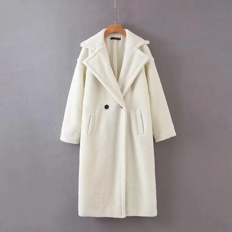 Autumn Winter Ins Blogger Lapel Long Lamb Wool Coat Fluffy Jacket Solid Color Loose Long Coat Women 2021 Luxury Street Hipster