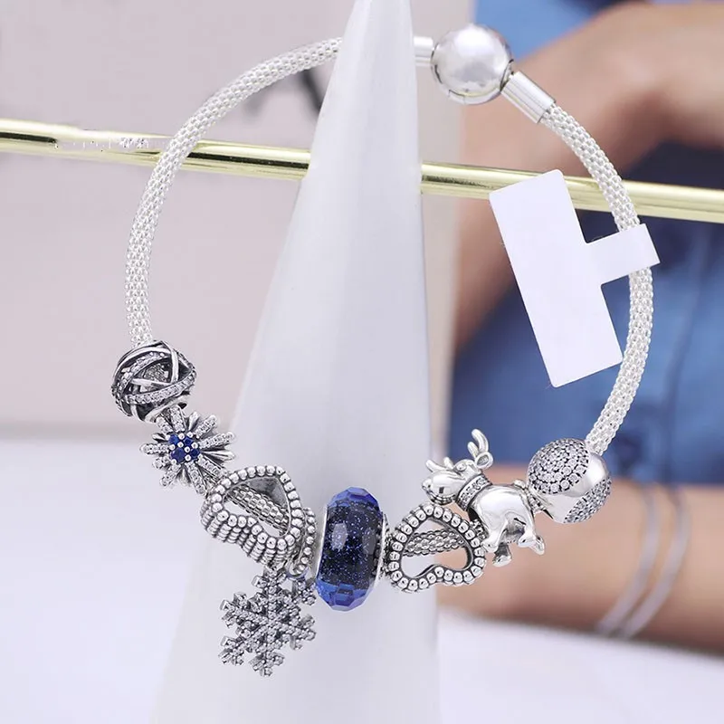 

New 925 Sterling Silver Hollow Plain Silver Love Elk Beaded Silver Silk Woven Pan Bracelet For Women Wedding Fashion Jewelry