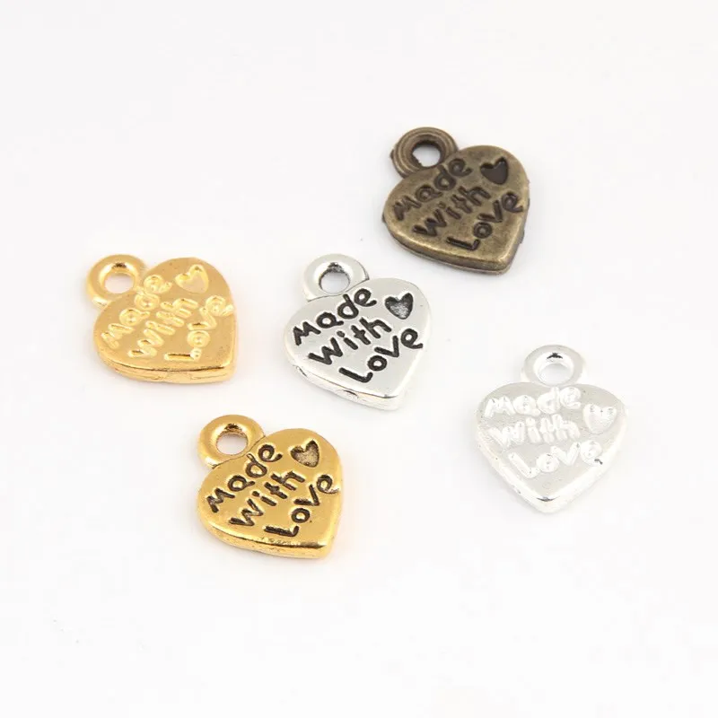 

100pcs plated Metal Alloy Mixed Color Made with Love Heart Charms Pendant Findings 12mmx10mm