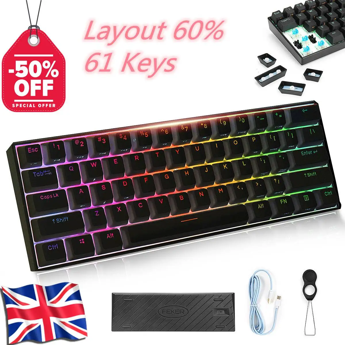 

Механическая игровая клавиатура, 61 клавиша, 60% NKRO bluetooth 5.0 Type-C RGB PBT Keycap Outemu, переключатели для механической клавиатуры