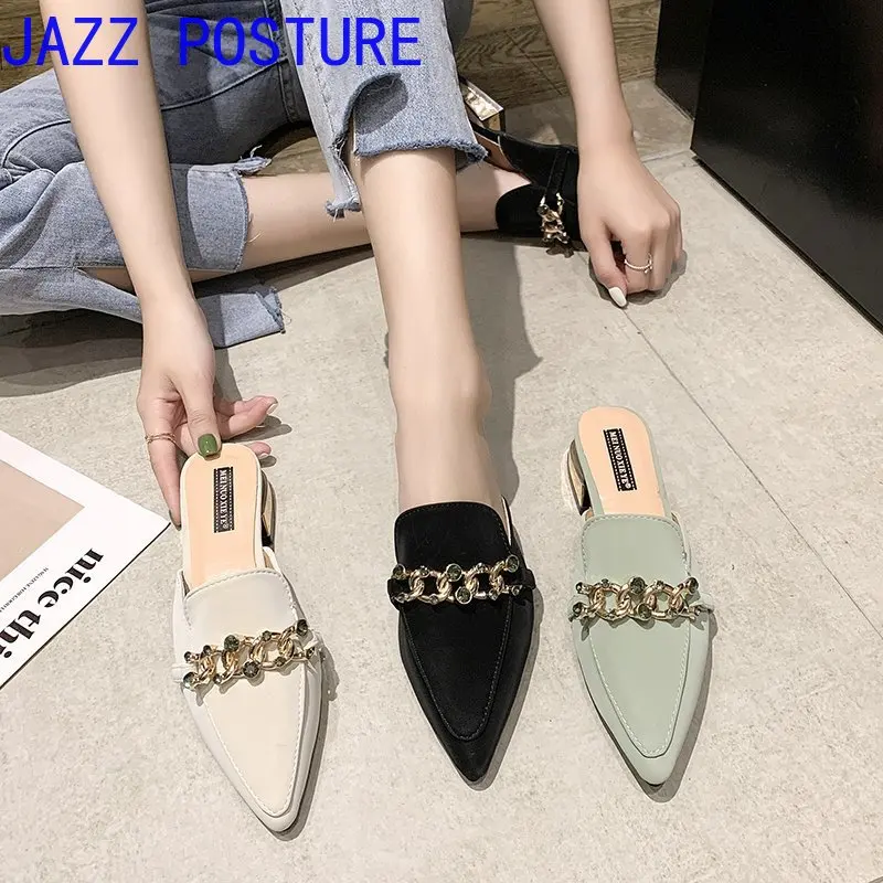 

2021 Summer Women's Pointed Ankle Boots Slippers New Fashion Rhinestone High Heel Sandals Slippers with Metal Chains w135