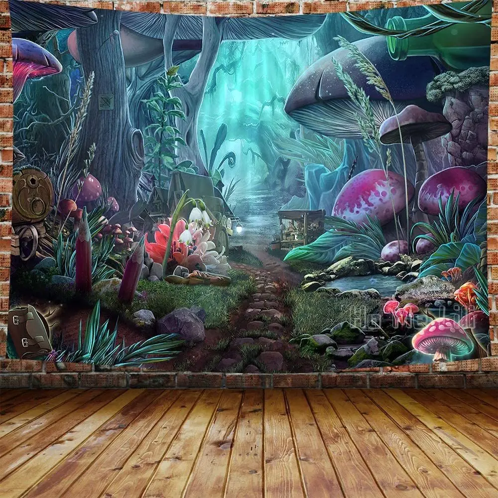 

Psychedelic Game Mushroom Castle Tapestry Art Fairy Tale Forest Wall Hanging Decor For Bedroom Living Room Dorm