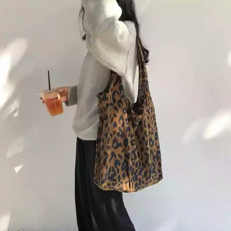 

Leopard Print Canvas Bag New Women's Single Shoulder Bag Multifunctional Corduroy Leopard Print Cloth Bag Simple Canvas Bag