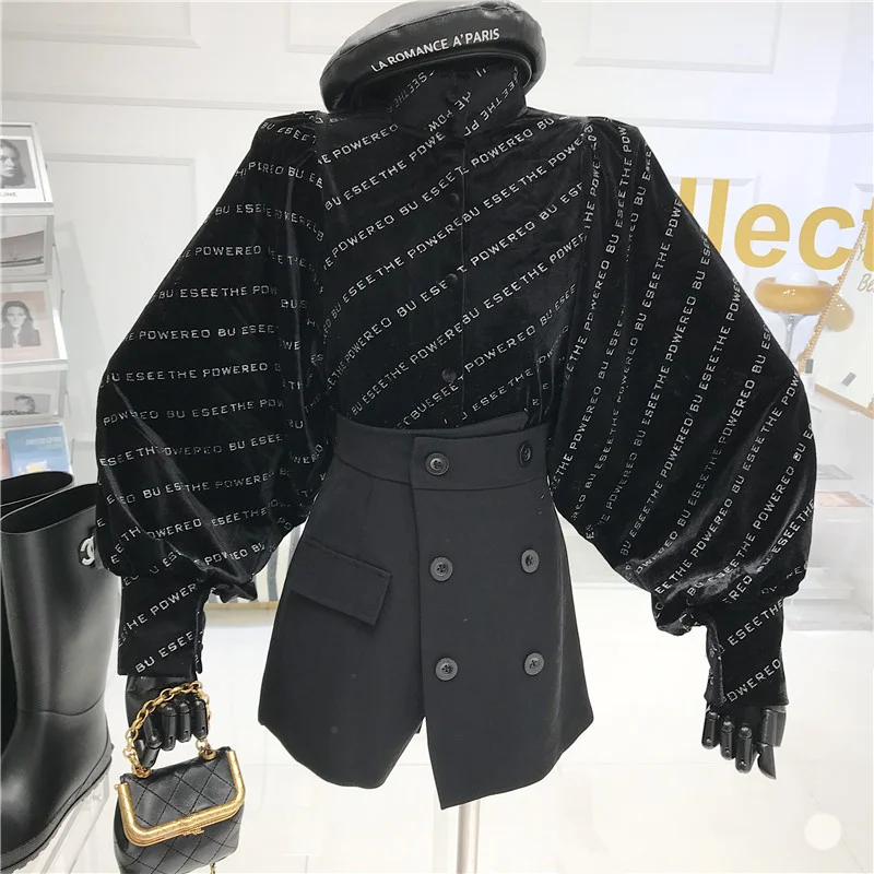 

Temperament Letter printed lantern Bubble Sleeve Stand Collar Shirt Women's Spring 2021 New Velvet Versatile Top