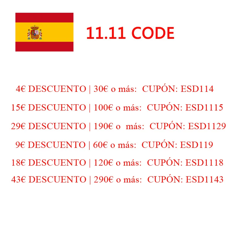 

11,11 код Испании: Время использования: 11,11-11,12, можно использовать всю продукцию из магазина.