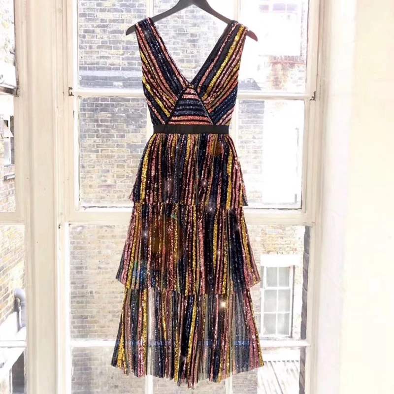 Новое поступление 2019 модное платье с цветными пайетками женское без рукавов v