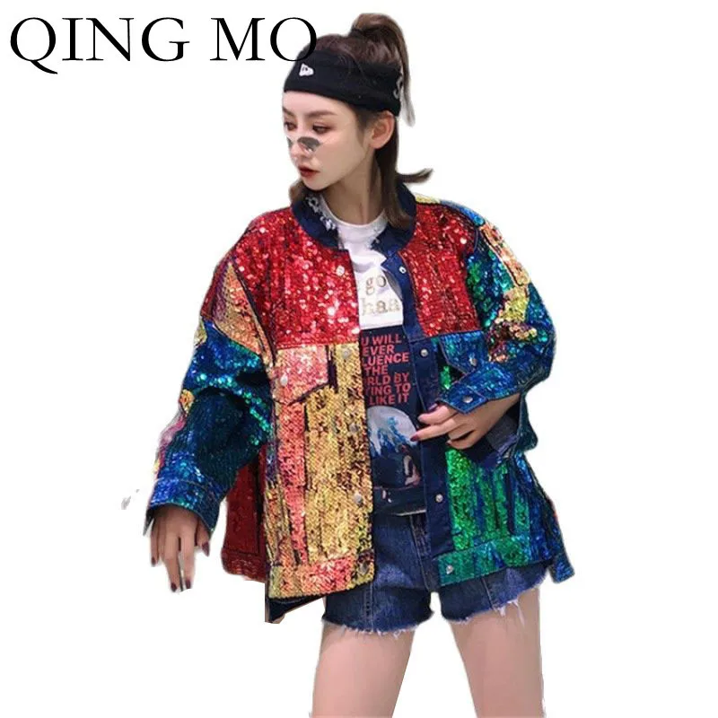 

Женская джинсовая куртка с блестками QING MO, Свободный кардиган контрастных цветов, верхняя одежда для осени, 2021