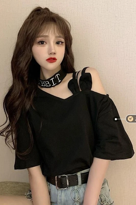 

Sweet Harajuku Off The Shoulder Short Sleeve T-shirt Top for Women 2021 Summer New Kawaii Black Chic Tops Ladies Streetwear Tees