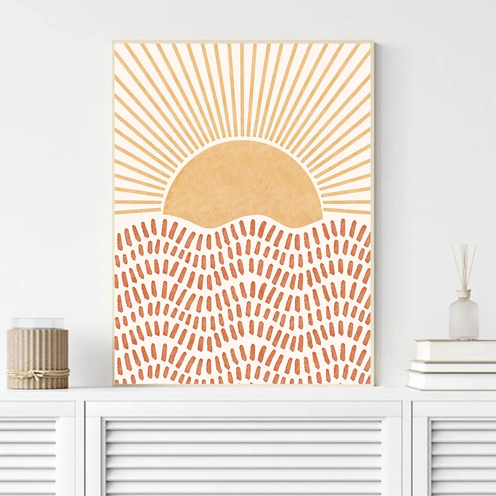 Абстрактная картина восходящего солнца в богемном стиле простой бежевый постер