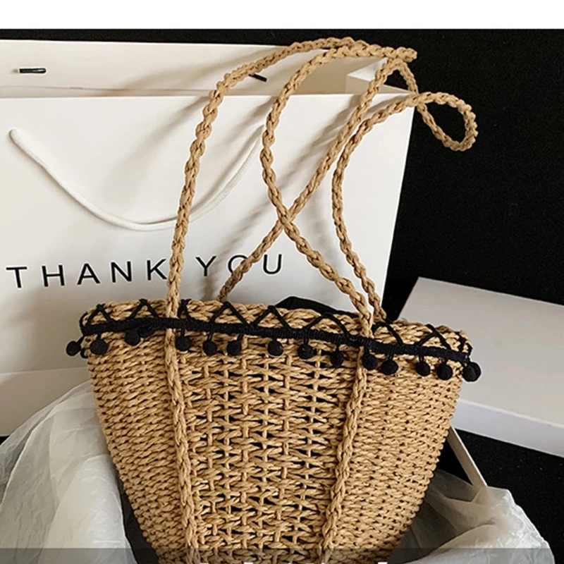 

Q1FA Women Woven Straw Shoulder Bag Basket with Pom Pom Tassel Lace Trim Drawstring Closure Long Strap Vintage Beach Vacation