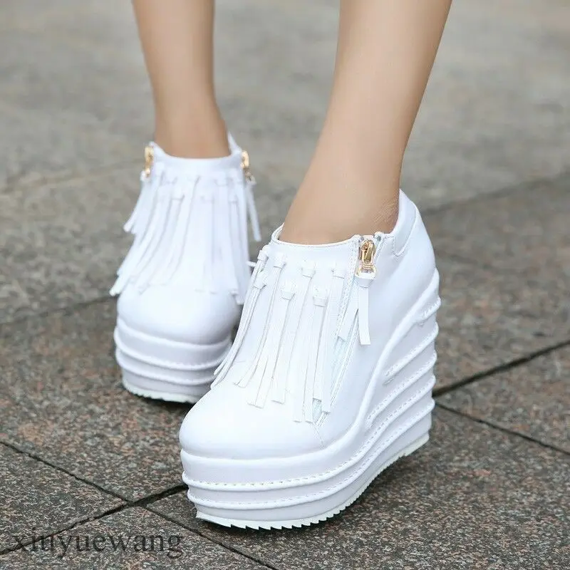 

Hot Sale Womens Punk Ankle Boots Platform Wedge Super High 15CM Heel Tassel Side Zip Shoes Genuine Leather 3Colors New 2021