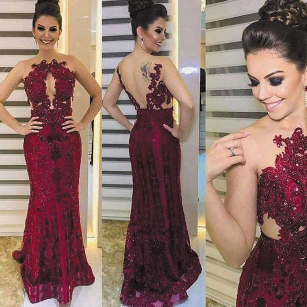 

SuperKimJo Burgundy Evening Dresses Long Halter Lace Applique Beaded Mermaid Elegant Evening Gown Vestidos Formales