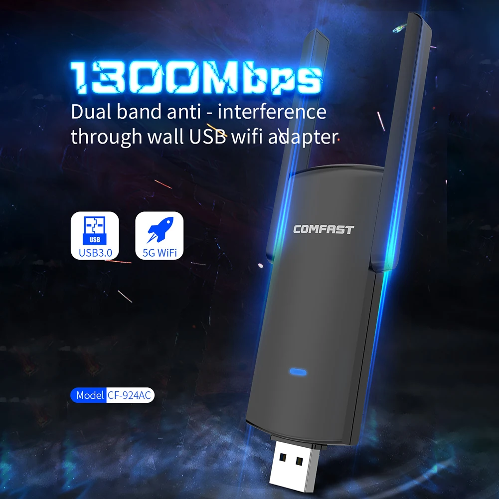 

USB-адаптер COMFAST сетевой двухдиапазонный, 3,0 Мбит/с, 1300 Мбит/с