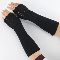 elegant women fingerless long gloves thumbhole knit arm warmer sleeve elbow length soft solid color mitten winter 1 pair