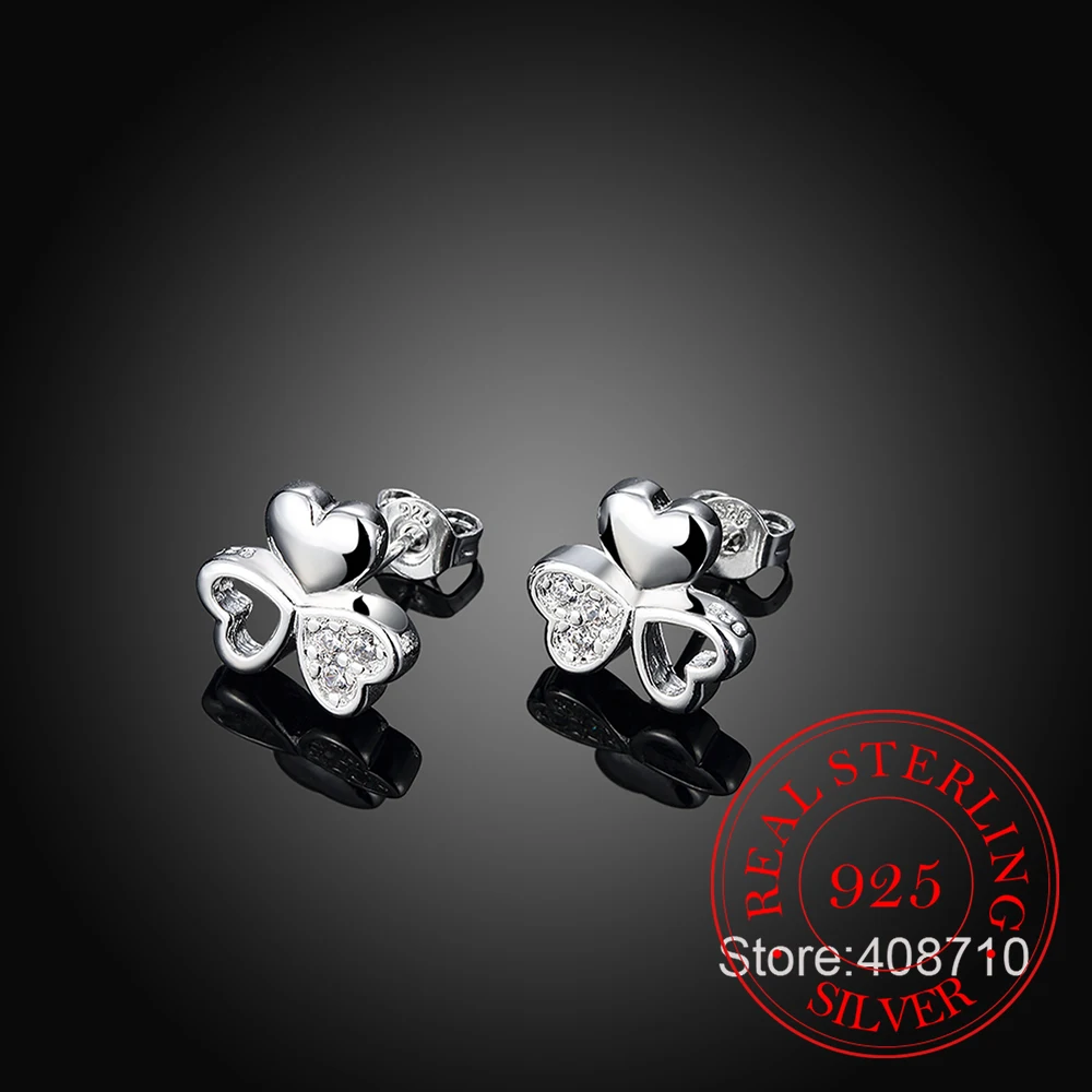 Минималистичные серьги гвоздики в виде клевера из настоящего стерлингового