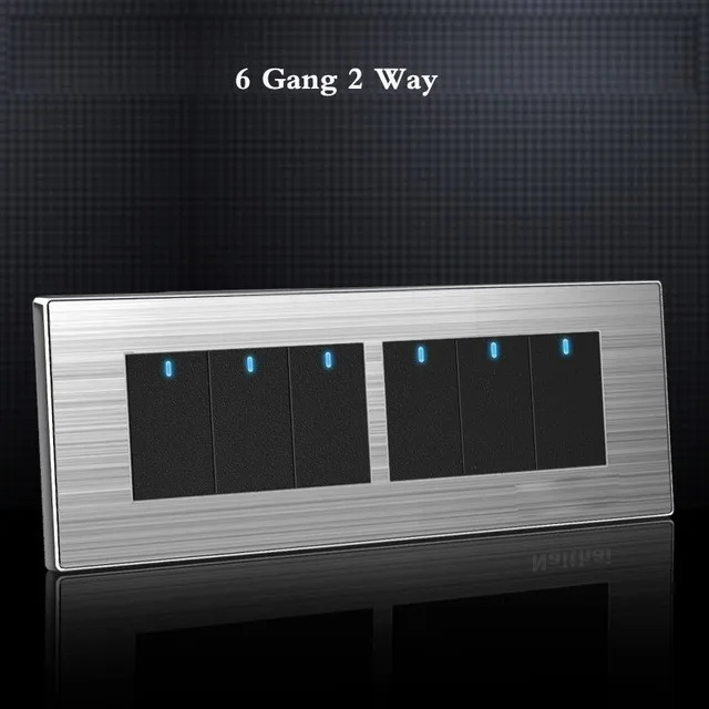 

6 Gang 2 Way Luxury Light Switch On / Off Wall Interruptor With Led Indicator Stainless Steel Panel 197* 72mm