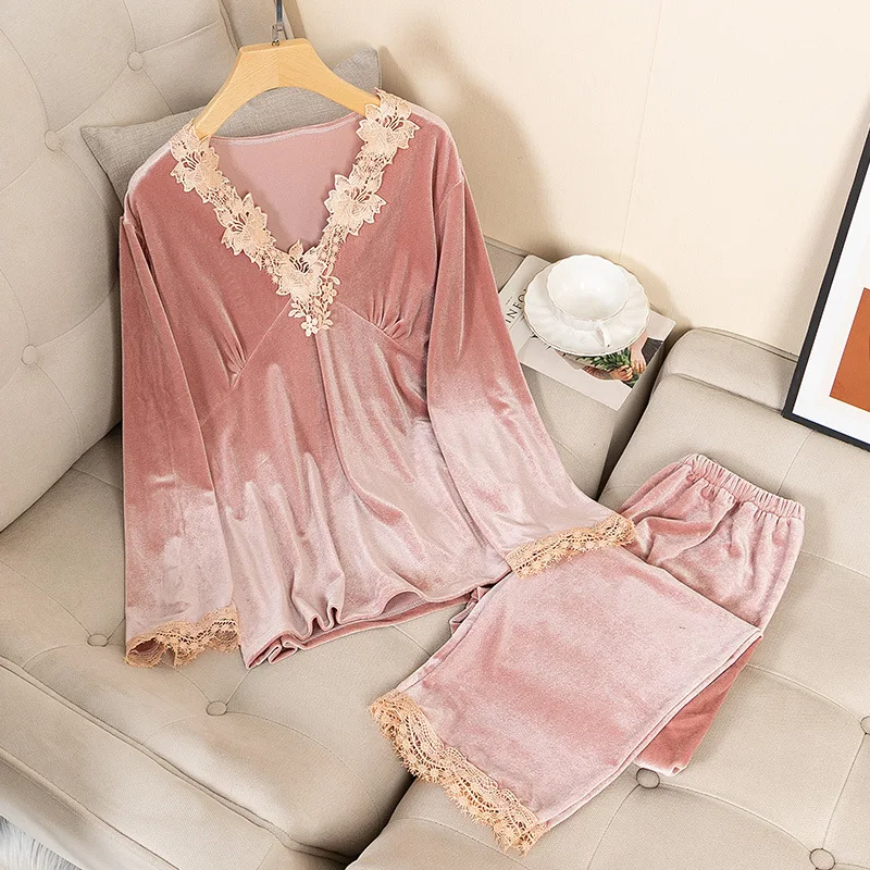 

Pink Velvet Pajamas Set For Women Autumn Winter Long Sleeve Pants Pijamas Suit Sexy V-neck Lace Trim Sleepwear Loose Home Wear