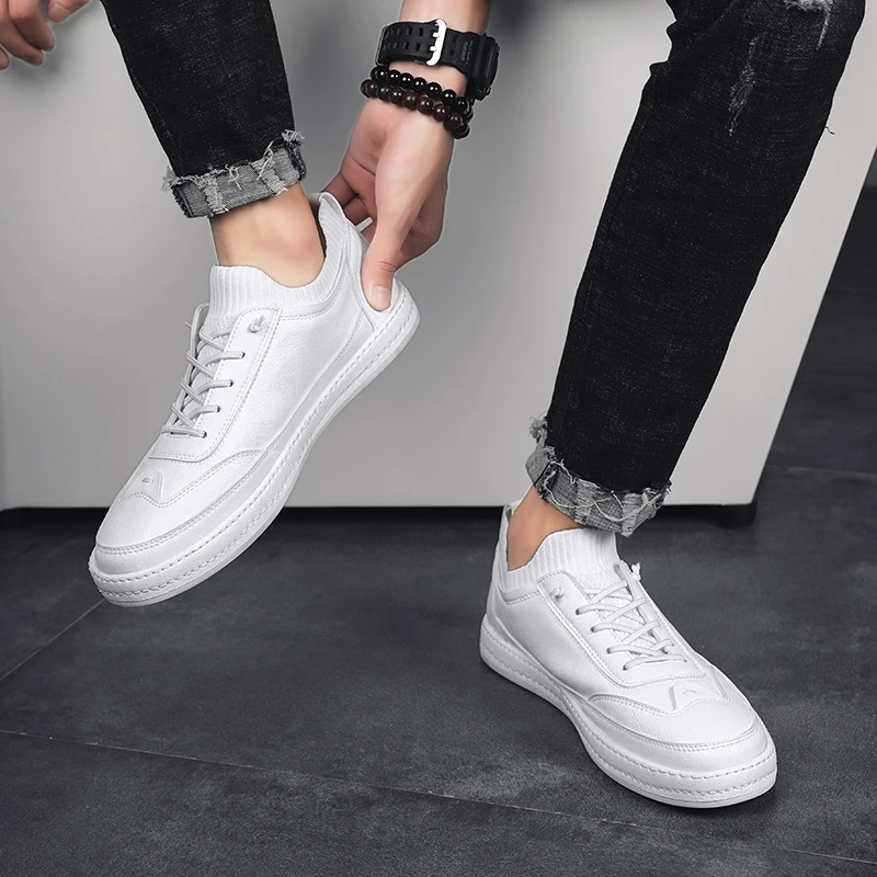

Men Sneakers Leather Shoes Men Black Genuine Leather Fashion Design Casual Luxury Brand Simple Sock Flats Black White 2019 New