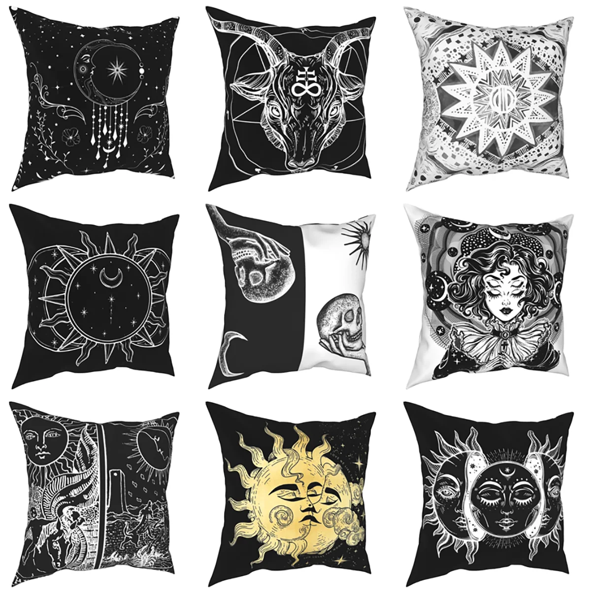Black White Sun Moon Square Pillowcases Home Vintage Stars Mandala Zodiac Tarot Cushion Cover Funny Decor Pillow Cover 40*40cm