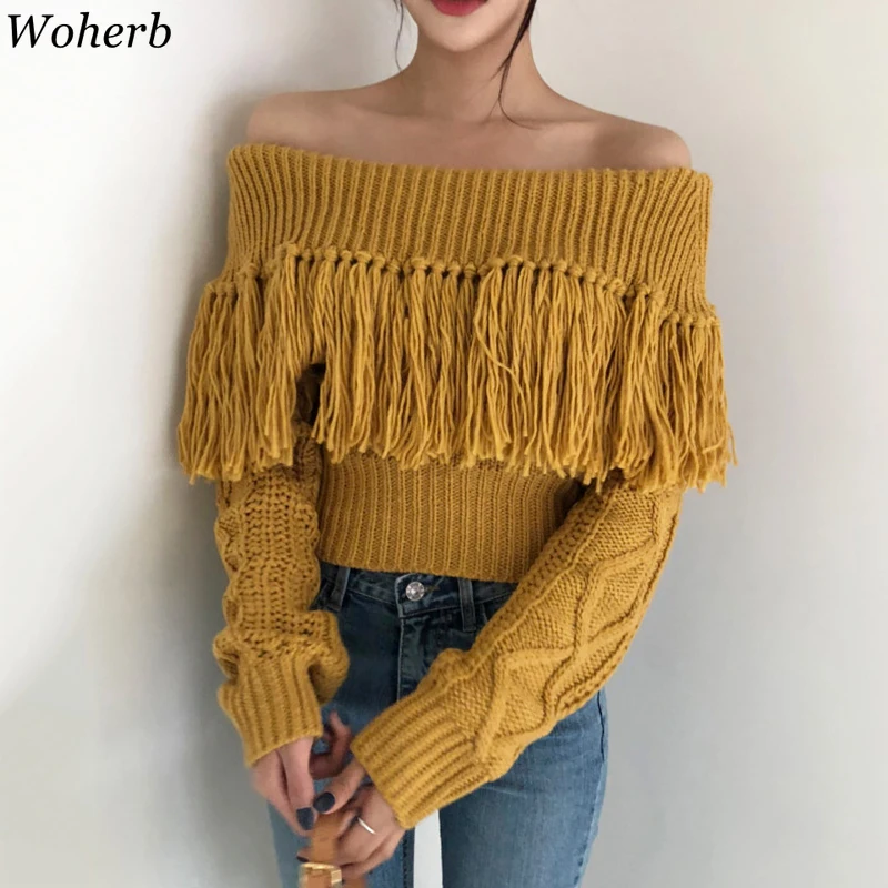 Woherb Sexy Off Shoulder Tassel Sweater Women Loose Long Sleeve Twist Knitted Pullovers 2021 Vintage Korean Crop Sweaters Jumper | Женская