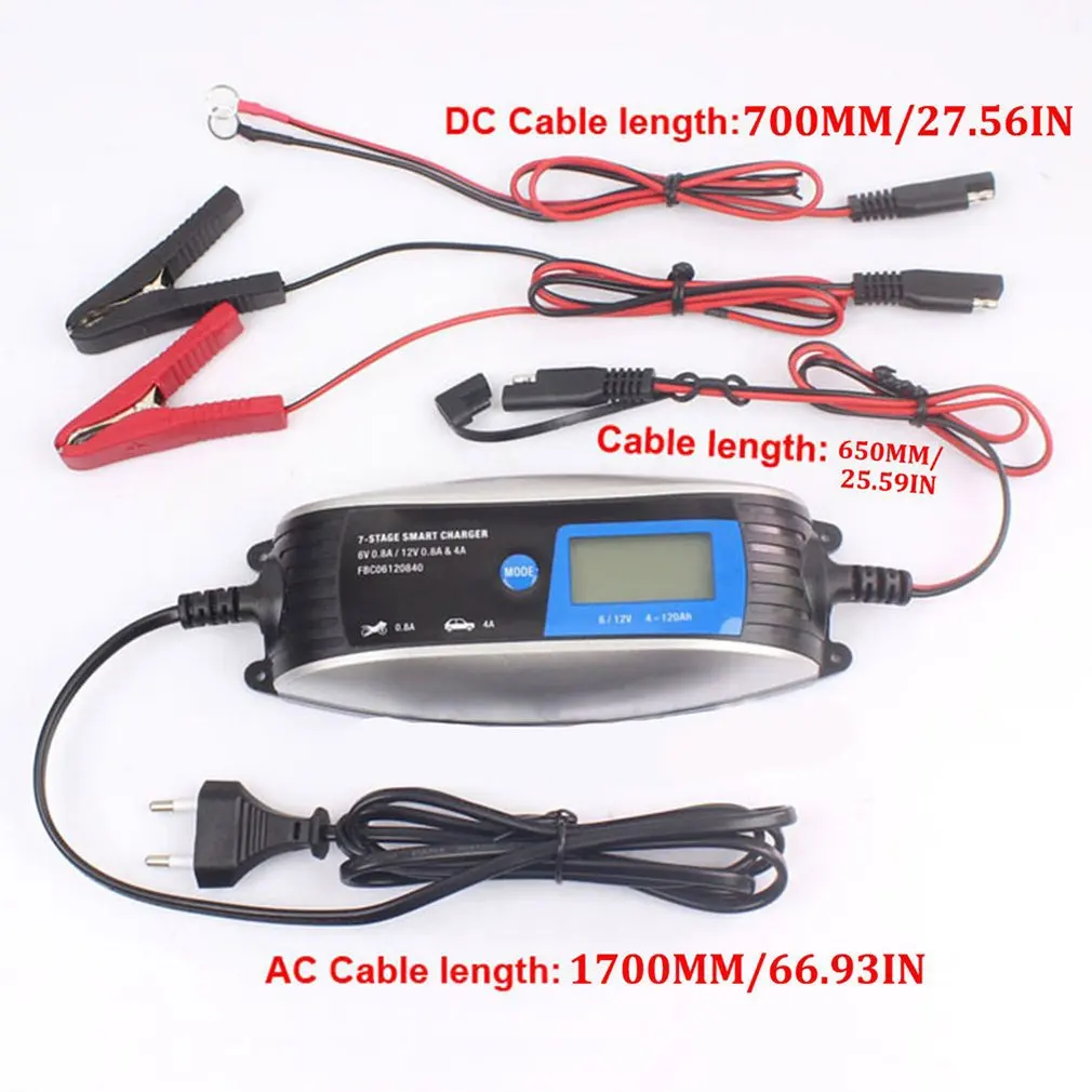 

Foxsur 6V 12V 0.8A 4A Motorcycle Car Battery Charger Microprocessor Control 7 Charge Stages Utomatic Charging 1 Set