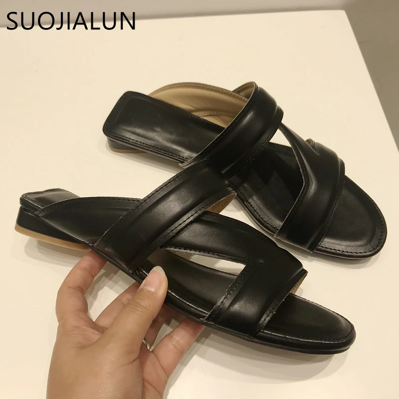 

SUOJIALUN 2021 Summer Women Brand Slippers Open Toe Low Heel Slides Female Outdoor Casual Beach Snadal Shoes Ladies Flip Flops