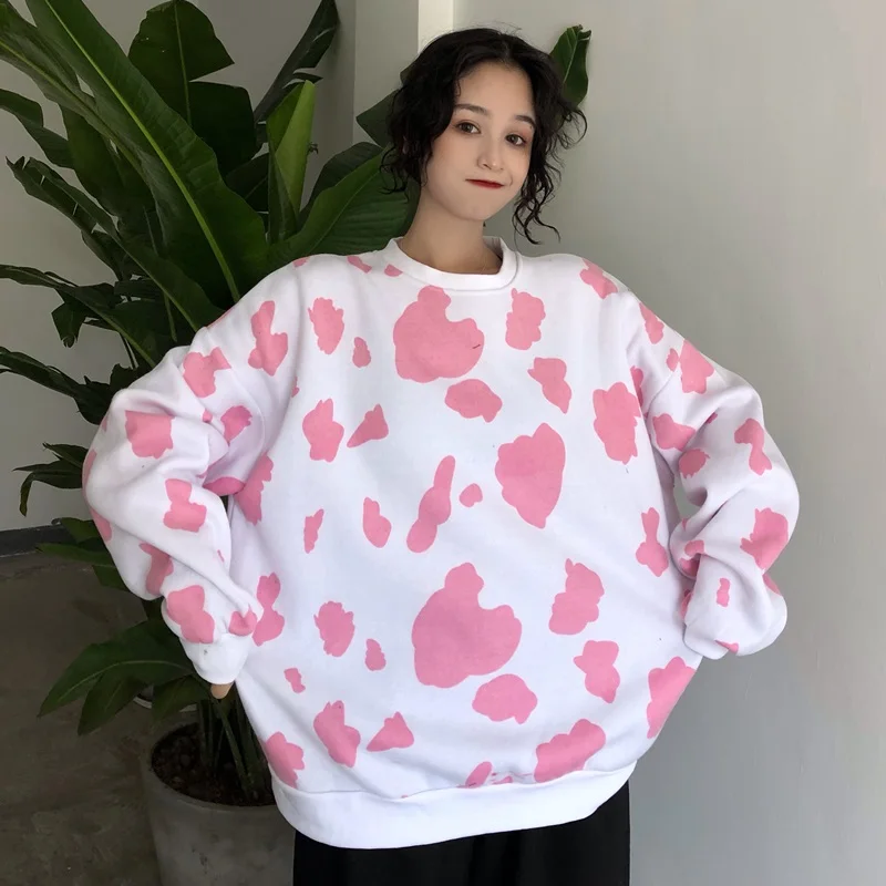 PinkWhite Hoodies Харадзюку Толстовка Женская Осенняя с длинным рукавом Свободный О-образным вырезом теплый пуловер с принтом коровы уличная толстовка женская - Цвет: PinkWhite Hoodies