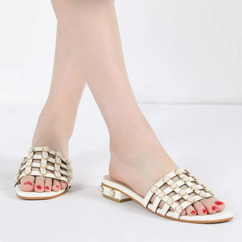 

TIMETANG Summer new bohemia pearl sandals and slippers female fashion comfortable flat word dragging women zapatos de mujer