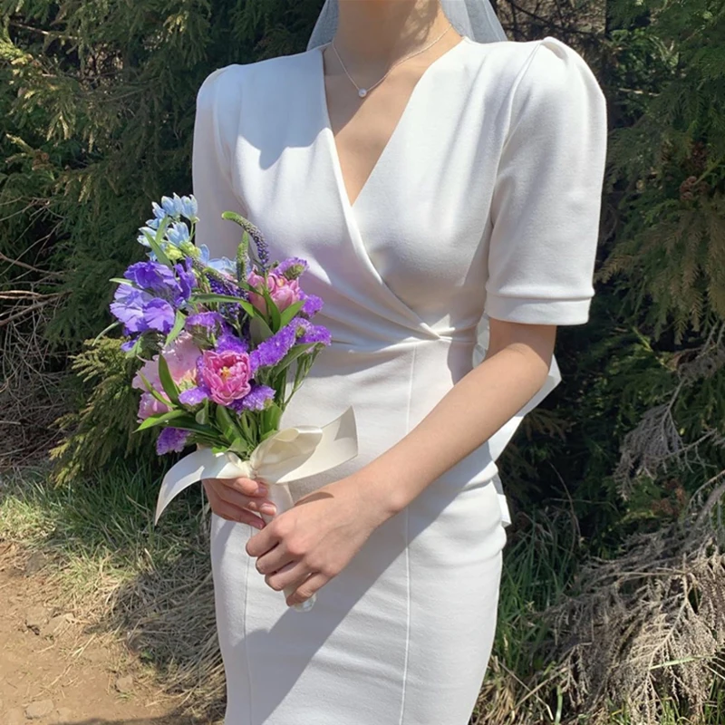 YAMDI vintage elegant 2020 new summer a-line short sleeve midi dress women party korean dresses woman solid white v neck vestido | Женская