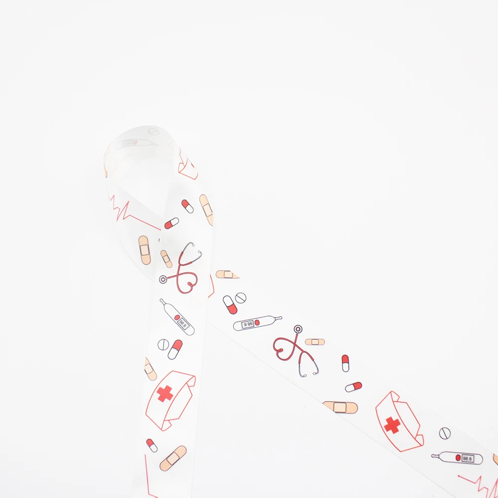 

Nurse Ribbon Medical Theme for Lanyards, Gift Wrap, Quilting, Sewing, Printed on 1" White Satin/Grosgrain Ribbon