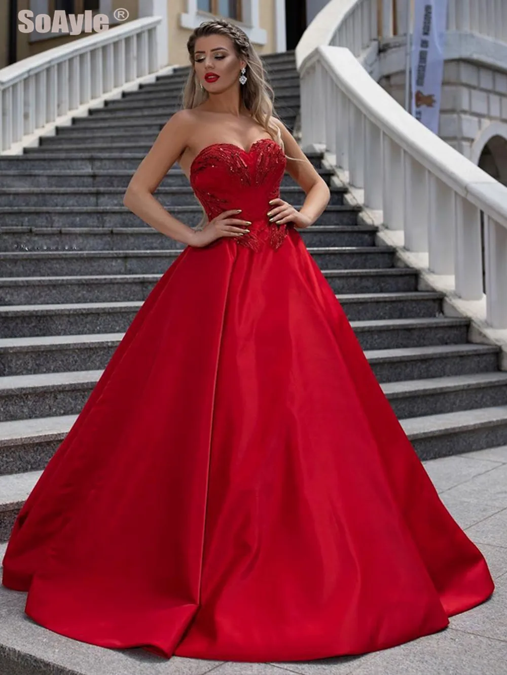 

SoAyle Sexy Sleeveless Evening Dress Sweetheart Bright Beading Red Sequins Ball Gown Evening Dress 2020 Vestido de Festa