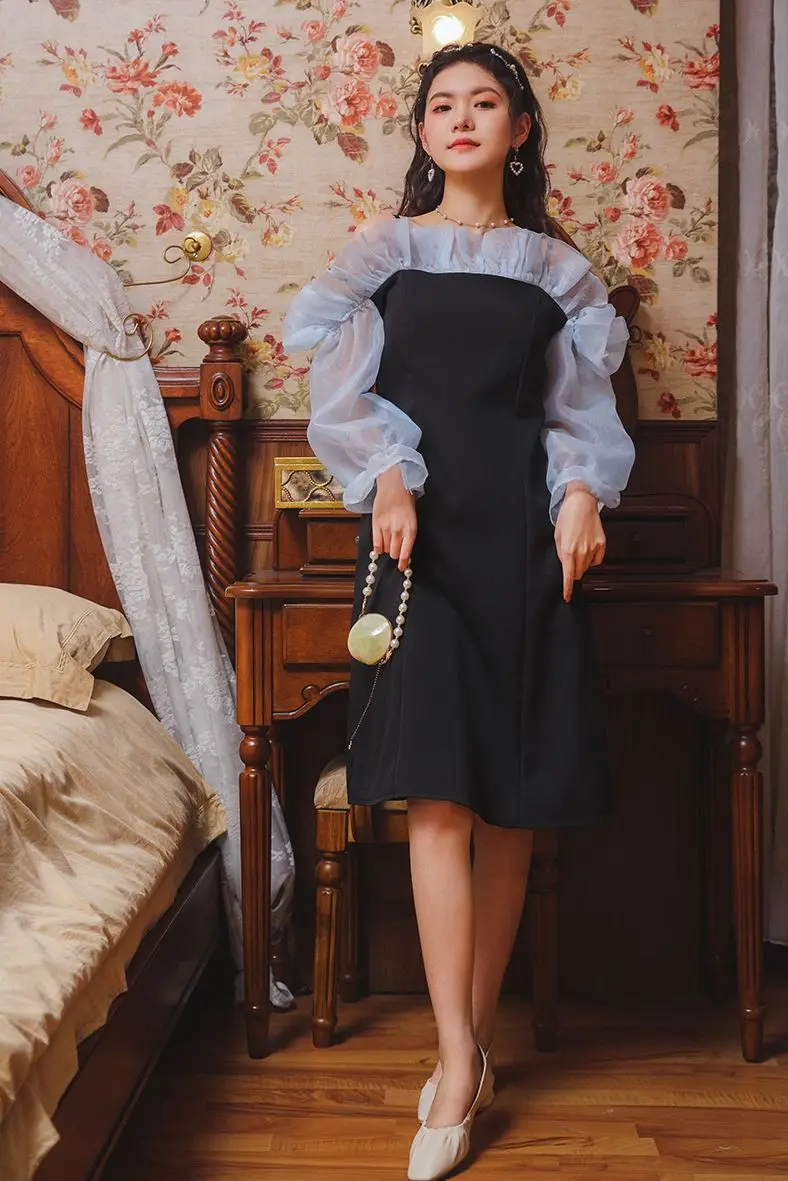 

COIGARSAM Women Long Dress Summer 2021 New Casual Full Sleeve Patchwork Solid Puff Sleeve Slash Neck High Waist Black Dresses
