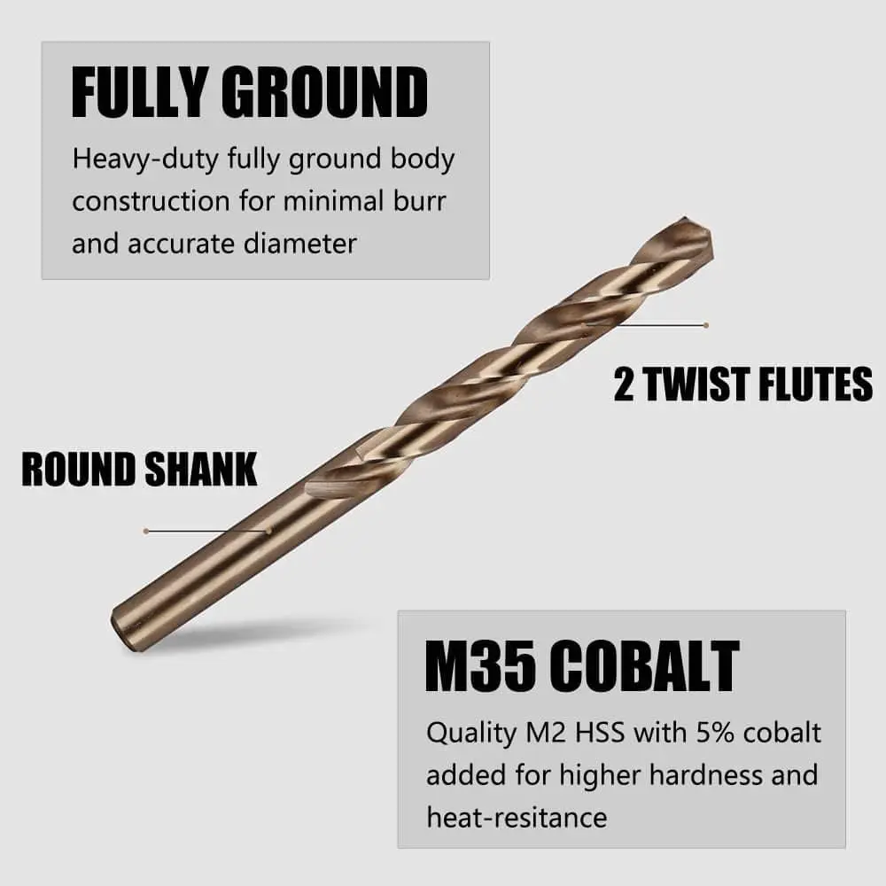 

41/51 Pcs HSS-Co M35 Cobalt Straight Shank Twist Drill Bit Set with Metal Case Power Tools Accessories for Stainless Steel Wood