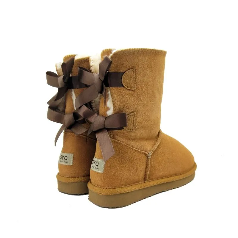 Женские зимние ботинки до середины икры женские с бантиком толстые теплые