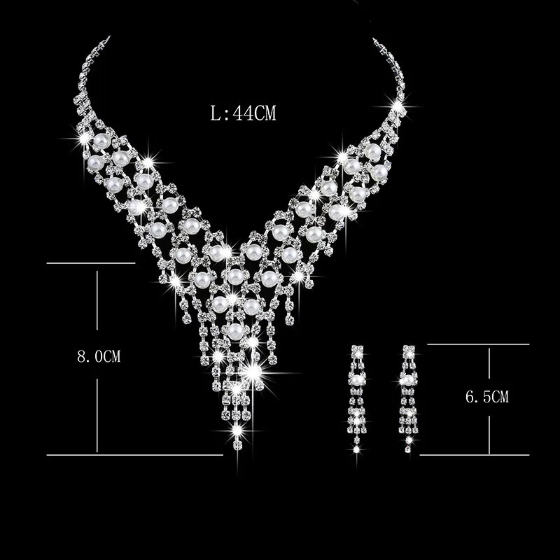 

Luxury Female Round Pearl Jewelry Set Charm Silver Color Wedding Dangle Earrings For Women Trendy Crystal Hollow Chain Necklace