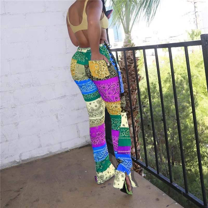 Женские штаны с принтом бандана на шнуровке сексуальные леггинсы высокой талией