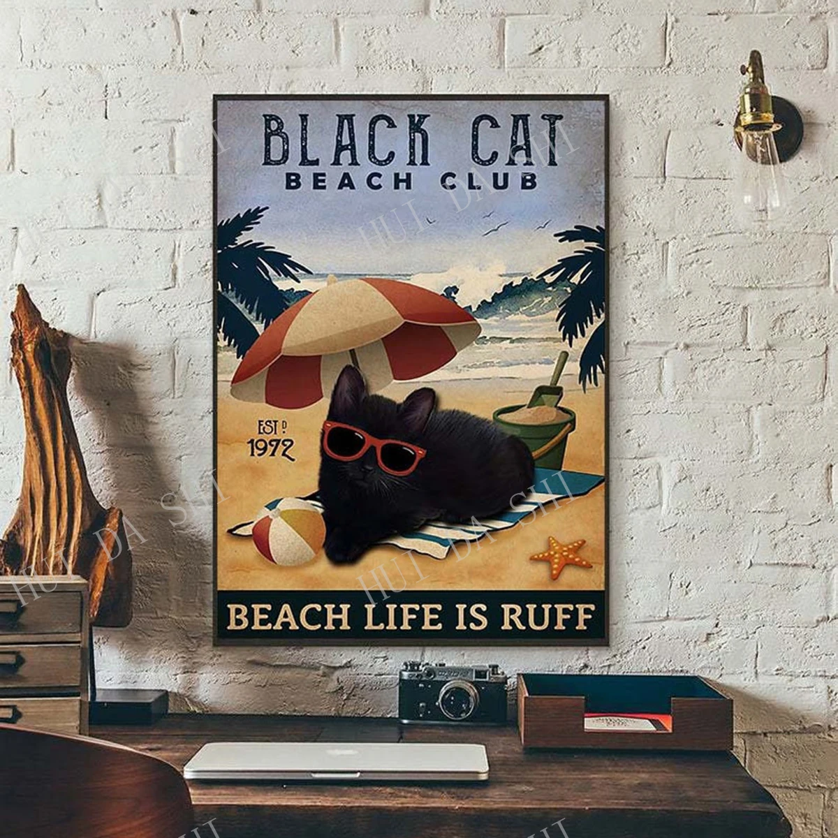 

Cat Poster-Beach club Beach life is ruff- Black Cat art- Wall Decoration-Signs for Home-Cat lover gift-Cat owner-Retro poster