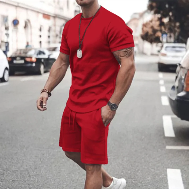 

2021 Men's Sets Casual Cotton Fabric Short-Sleeve Tee + Shorts 2-Piece Suit Summer Pure Color Male Fashion Sportswear Slim Tops