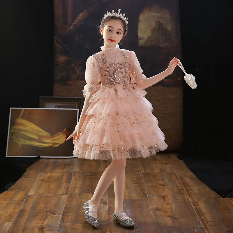 

Pink Girls Tiered Puffy Dresses Princess Short Flower Girl Dresses For Wedding Kids Prom Gowns With Half Sleeves