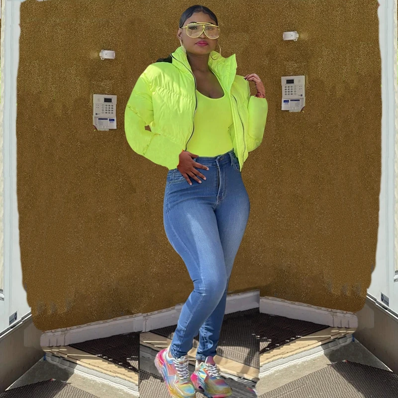 Women Solid Down Coat Winter Long Sleeve Stand Collar Parka Thick Warm Bubble Coat Zipper Cropped Puffer Outfit Casual Overcoat