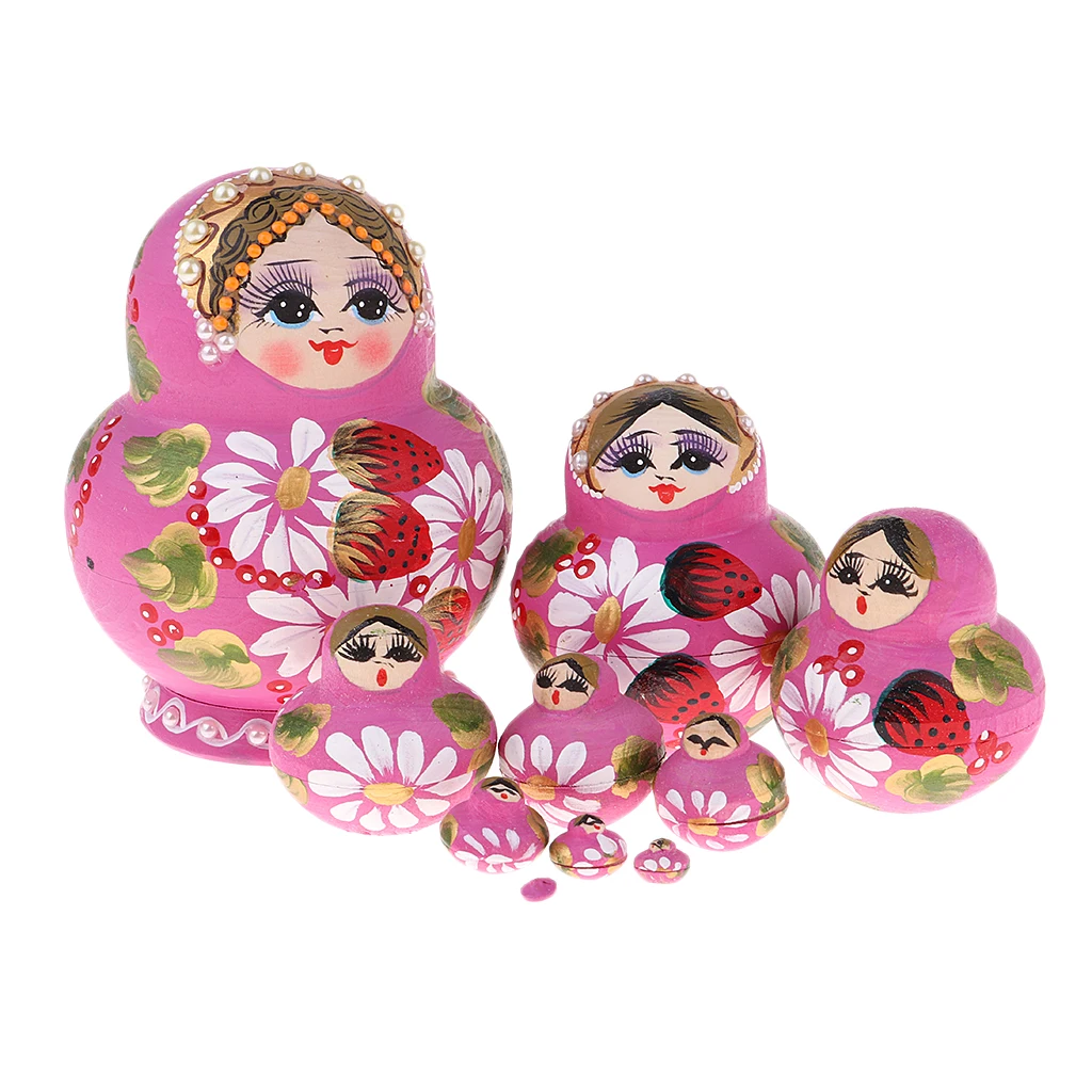 

10 Pieces Russian Wooden Nesting Dolls Traditional Matryoshka Hand Painted Strawberry
