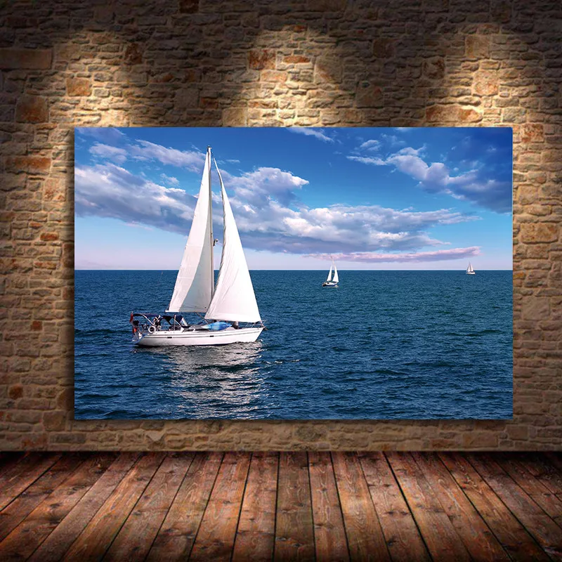 

Nordic Posters and Prints Blue Sailboat Canvas Painting Seascapes Wall Pictures For Living Room Office Decorative Unframed
