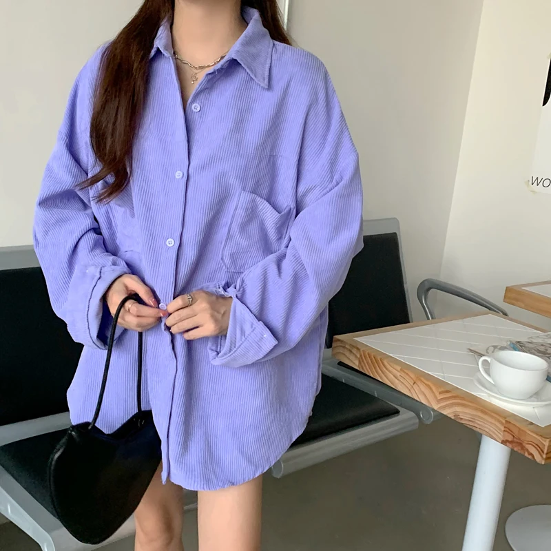 

Women Corduroy Shirt Long Shirt Cardigan Button Up Jacket Ladies Oversized Shirts Korean Style Long Sleeve Top Aesthetic Autumn