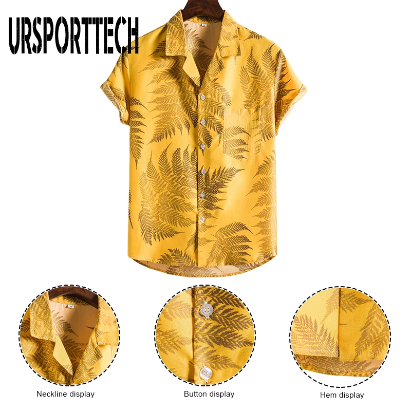 URSPORTTECH New Fashion Summer Men Shirt Short Sleeve Print Shirt Men Blouse Plus Size Shirt  Business Casual Slim Fit Clothing
