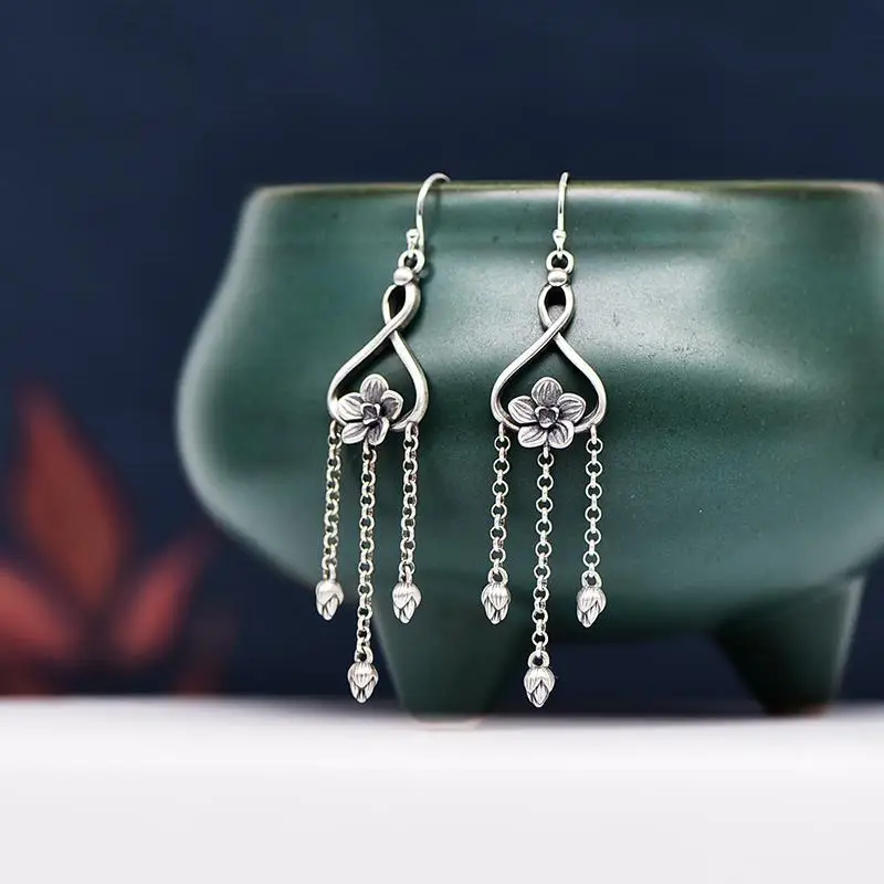

Original New Silver Earrings Women's S925 Sterling Silver Retro Simple Jewelry Elegant Graceful Long Tassel Lotus Earrings