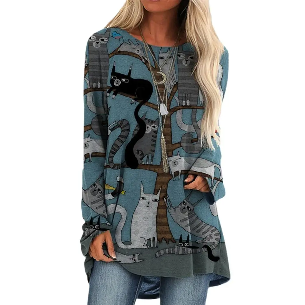 

Cartoon Cats On The Tree Print Shirt Long Sleeve Women Tops Plus Size Casual T-Shirts Ladies Round Neck Loose T-Shirt Femme 2021